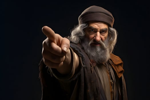 AI generated Medieval man on black background points finger at you, neural network generated image photo