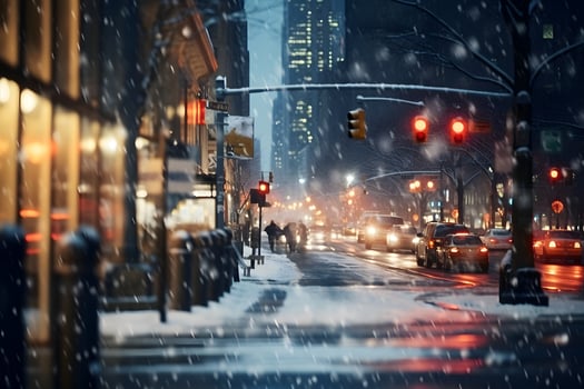 AI generated American downtown street view at snowy winter night, neural network generated image photo