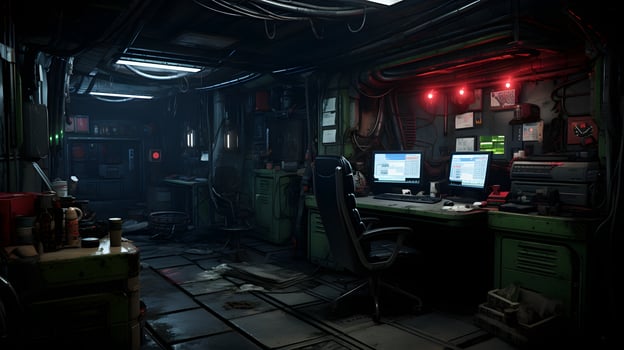 AI generated Messy and dark cyberpunk hacker hideout room. Neural network generated image photo