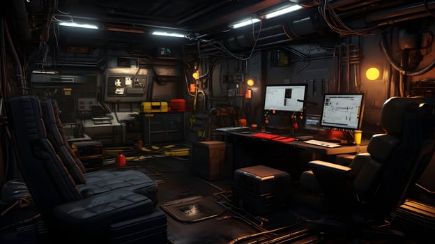 AI generated Messy and dark cyberpunk hacker hideout room. Neural network generated image photo