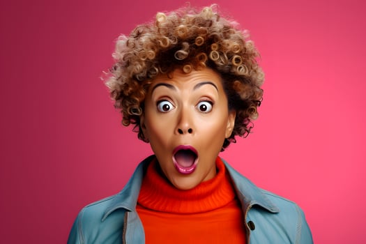 AI generated surprised young adult African American woman, head and shoulders portrait on crimson background. Neural network generated image photo