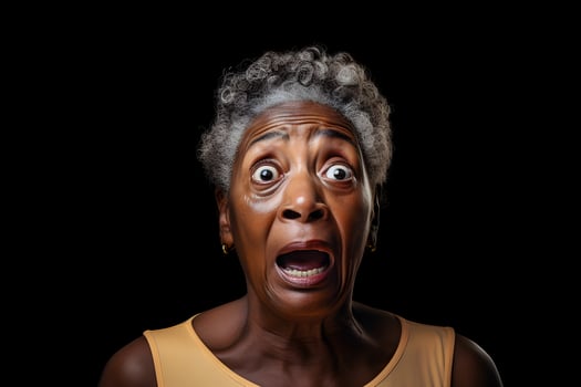 AI generated surprised senior African American woman, head and shoulders portrait on black background. Neural network generated image photo