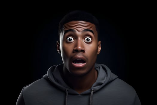 AI generated scared African American man, head and shoulders portrait on black background. Neural network generated image photo