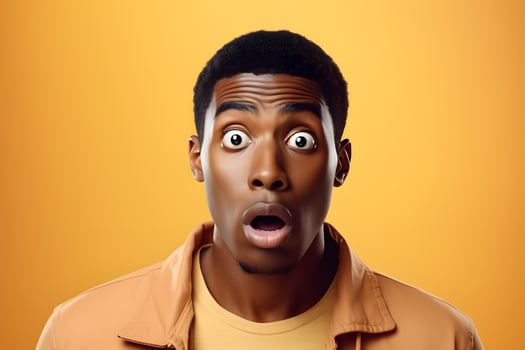 AI generated surprised African American man, head and shoulders portrait on yellow background. Neural network generated image photo
