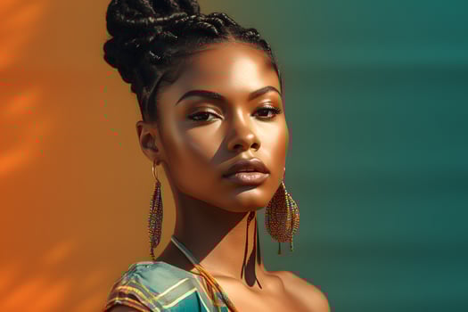 AI generated Beautiful young adult African American woman with colorful head scarf on blurry orange-green background. Neural network generated photorealistic image photo