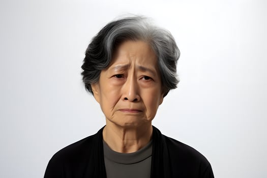 AI generated Sad crying Asian woman portrait on light-grey background. Neural network generated photorealistic image photo