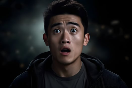 AI generated Surprised Asian young adult man on blurry dark background. Neural network generated photorealistic image. photo