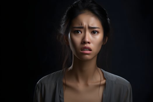 AI generated Sad Asian young adult woman portrait on black background. Neural network generated photorealistic image photo
