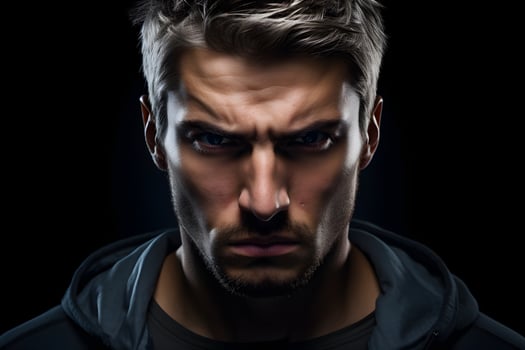 AI generated Sulking young adult Caucasian man, head and shoulders portrait on black background. Neural network generated photorealistic image. photo