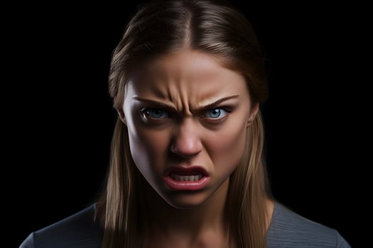 Sulking young adult blonde Caucasian woman on black background. Neural network generated photorealistic image. photo