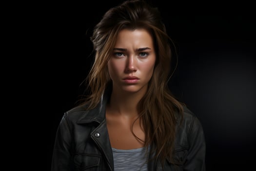 Sad young adult Caucasian woman on black background. Neural network generated photorealistic image. photo