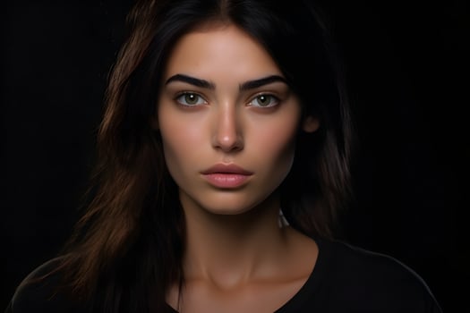 Attractive young adult Caucasian woman on black background. Neural network generated photorealistic image. photo