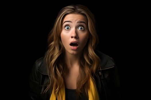 Surprised Caucasian young adult woman on black background. Neural network generated photorealistic image. photo