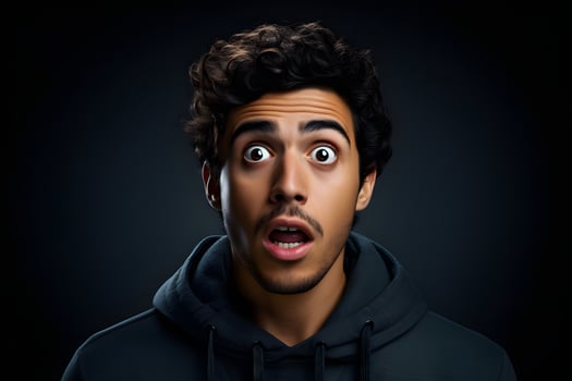AI generated Surprised young adult Latin American man on black background. Neural network generated photorealistic image. photo