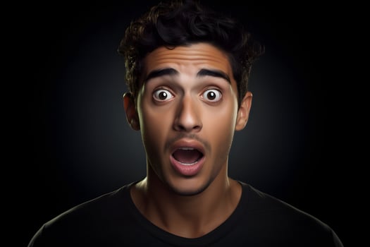 AI generated Surprised young adult Latin American man on black background. Neural network generated photorealistic image. photo