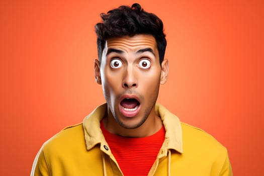 AI generated Surprised young adult Latin American man on orange background. Neural network generated photorealistic image. photo