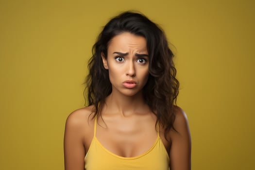 AI generated Surprised attractive young adult Latin American woman on yellow background. Neural network generated photorealistic image. photo