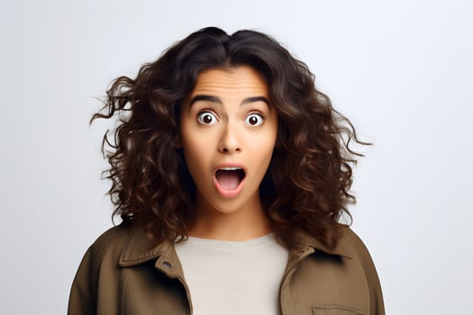 AI generated Surprised Hispanic young adult woman on off-white background. Neural network generated photorealistic image. photo