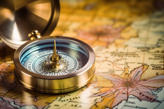 AI generated Compass on the map. Vintage style. Selective focus, Magnetic compass on a world map, Travel, geography, navigation, tourism, and exploration concept, AI Generated photo