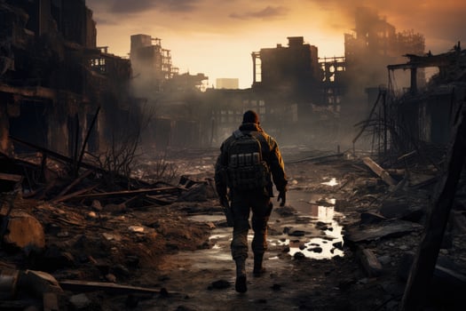 AI generated A man in a gas mask walks through the ruins of a burnt building, Lone soldier walking in a destroyed city, AI Generated photo