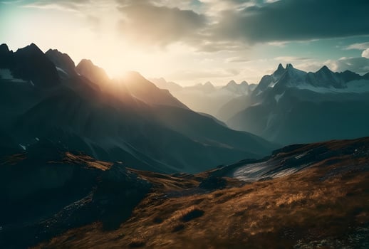 AI generated A sun shining over a mountain range under blue sky photo