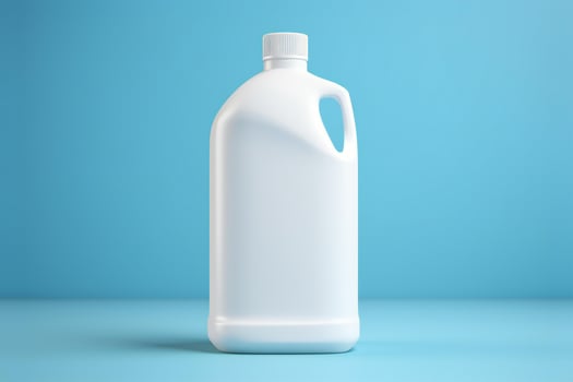 AI generated Blank white detergent bottle mockup standing on blue background photo