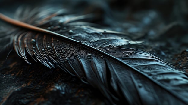 AI generated Black Feather with Water Droplets in Macro Detail photo