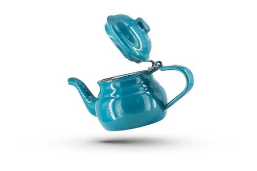 Vintage metal old blue kettle isolated on white background photo