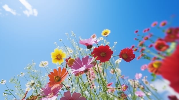 AI generated blooming colorful wild flowers against blue sky photo