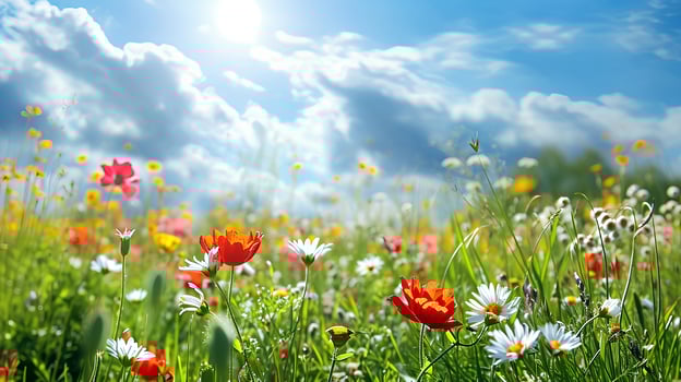 AI generated Vibrant wildflowers in a meadow under a blue sky. photo