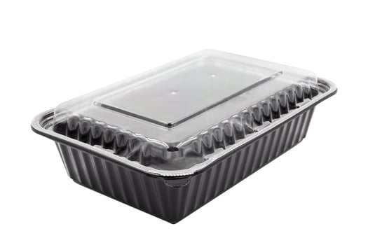 Plastic Food Packaging Tray With Clear Plastic Cover isolated on white background photo