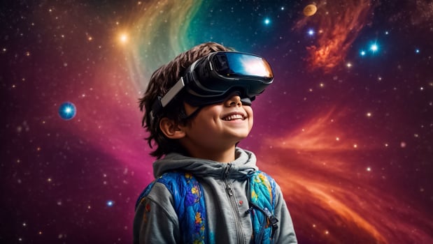 AI generated Little boy in virtual reality glasses photo