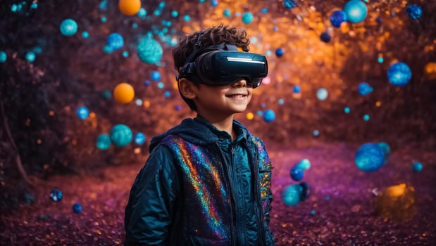 AI generated Little boy in virtual reality glasses photo