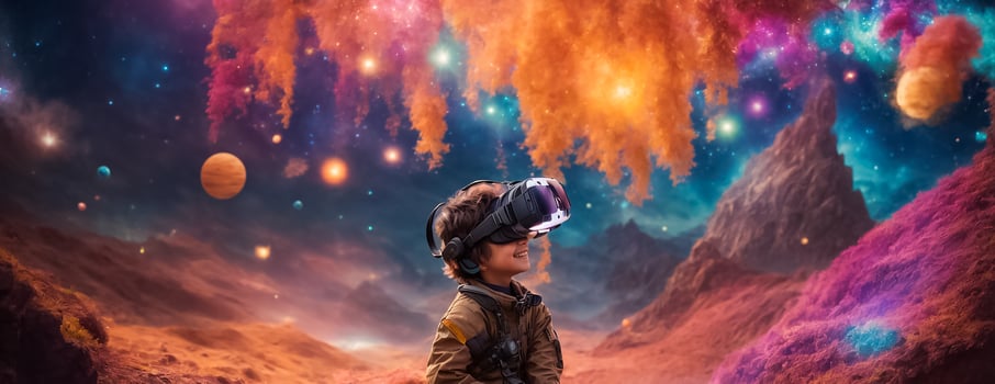AI generated Little boy in virtual reality glasses photo