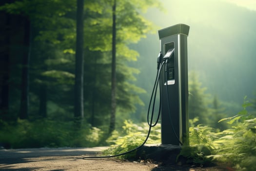 AI generated Electric car charging station in the forest on a foggy day, electric vehicle charging station with power cable supply plugged station, AI Generated photo