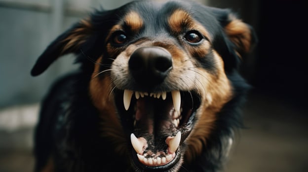 AI generated closeup aggressive dog growling and shows teeth photo
