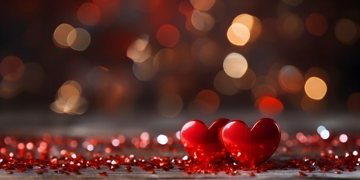 AI generated Festive valentines background with glistering red hearts decoration and copy space. Valentine, mothers, womens day, wedding or birthday banner concept. photo