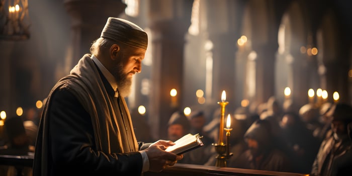AI generated Islamic Imam Conducts a Sermon at the Mosque. Muslim Imam Preaching to the People in the Mosque. Generative Ai photo