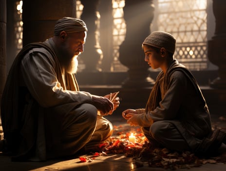AI generated Muslim teacher teaching children at the mosque. Generative Ai photo
