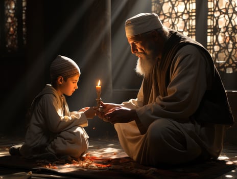 AI generated Muslim teacher teaching children at the mosque. Generative Ai photo