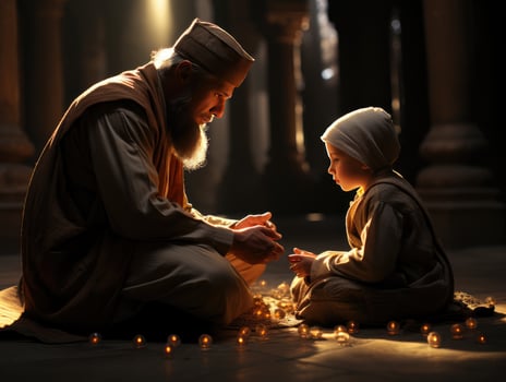 AI generated Muslim teacher teaching children at the mosque. Generative Ai photo