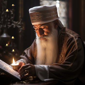 AI generated An elderly Muslim man reads the Al Quran by candlelight. Generative Ai photo