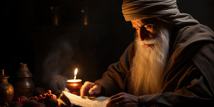 AI generated An elderly Muslim man reads the Al Quran by candlelight. Generative Ai photo