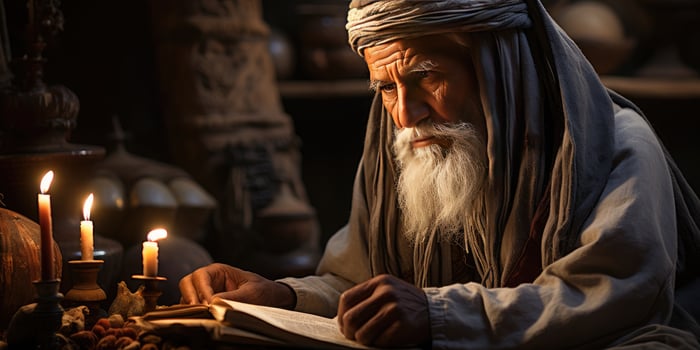 AI generated An elderly Muslim man reads the Al Quran by candlelight. Generative Ai photo