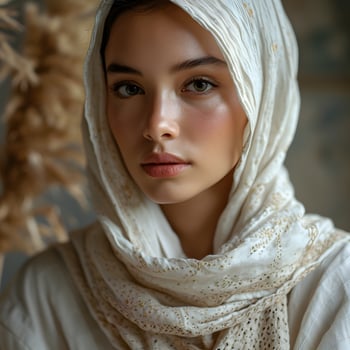AI generated Portrait of a beautiful and exotic young muslim woman with white hijab. Generative Ai photo