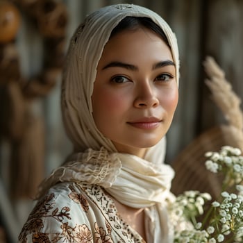 AI generated Portrait of a beautiful and exotic young muslim woman with white hijab. Generative Ai photo