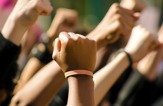 AI generated Close-up of a group of women's hands raising their fists in the air, girl power concept photo