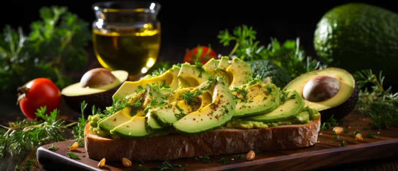 AI generated Artfully arranged avocado slices on a wooden board. photo