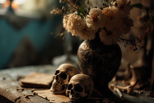 AI generated Still life with human skull and candle on dark background. Halloween concept photo