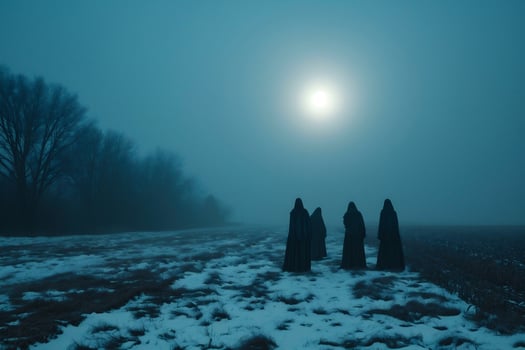 AI generated Silhouette of three women in the fog in a cornfield photo